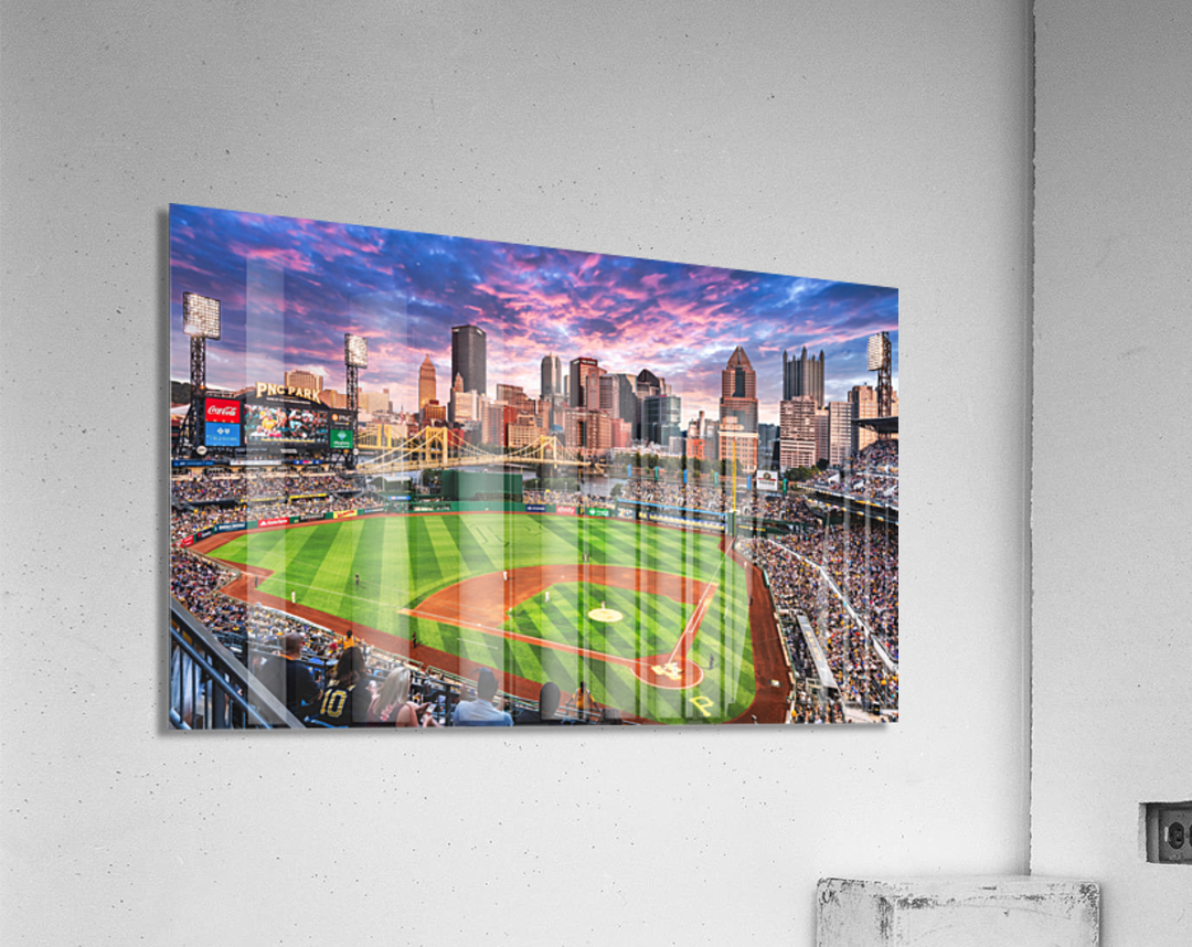 PNC Park is lit up at night during a Pittsburgh Pirates game - Metal Print