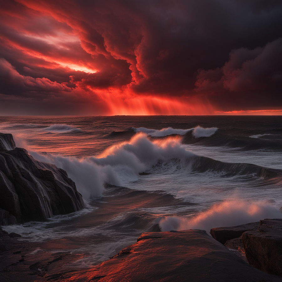 Dark clouds loomed ominously in the sky as the sun descended casting a  fiery red hue