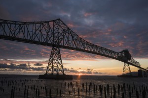 The sun sets over the mouth of the Columbia River; Astoria, Oregon, United States of America