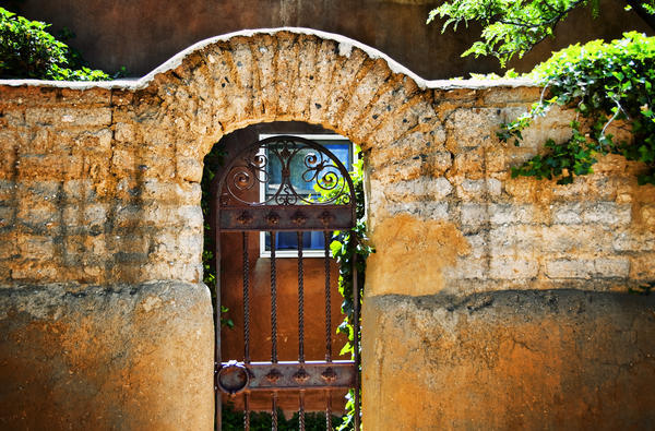 New Mexican Doors, New Mexico, Details Of Old Stone Doorway And Garden ...