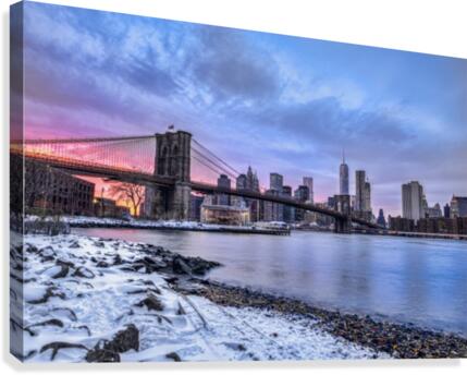 Brooklyn Bridge with snow-covered landscape at sunset, Brooklyn