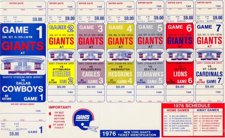 1976 New York Giants NFL Ticket Sheet Reproduction Poster Row One - Row One  Brand
