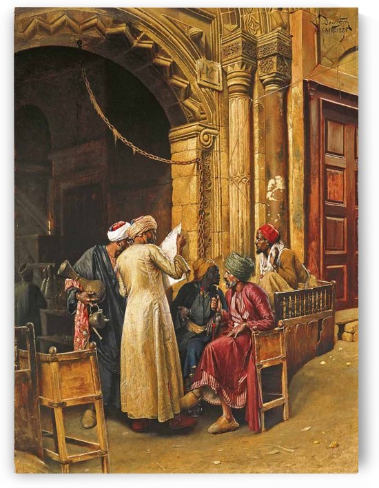 A gathering around the morning news, Cairo by Ludwig Deutsch