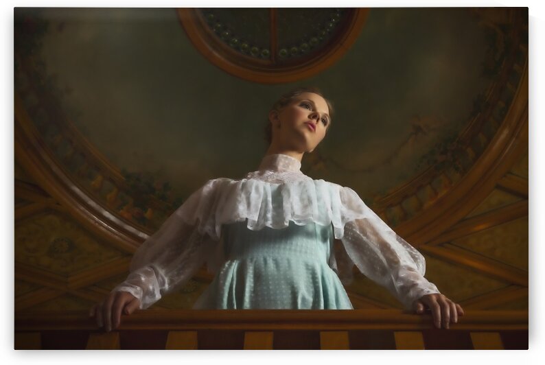 Young girl standing under a classical artwork of the cathedral ceiling by Artmood Visualz